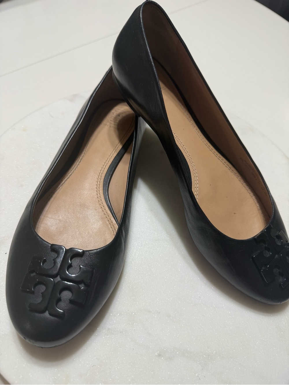 Tory Burch Black Leather Logo Round-Toe Ballet Flats
